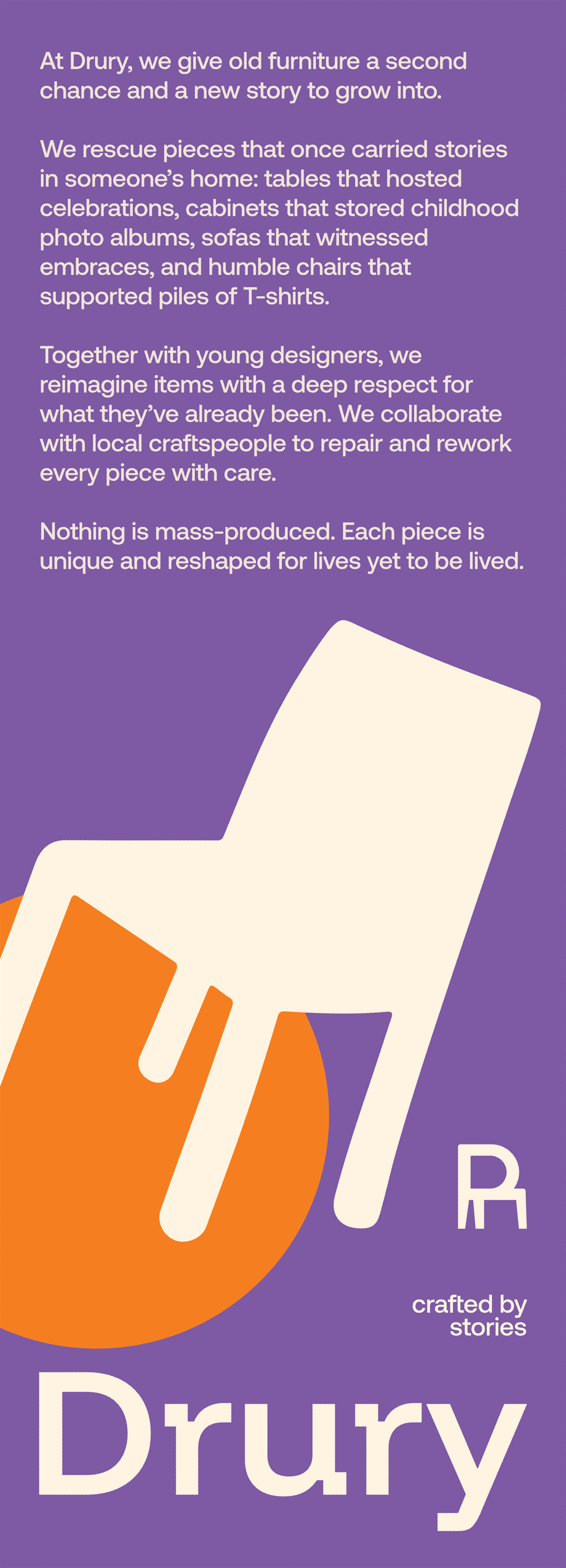Purple leaflet for Drury, which gives old furniture a second life, with an illustrated chair and a large “Drury”.