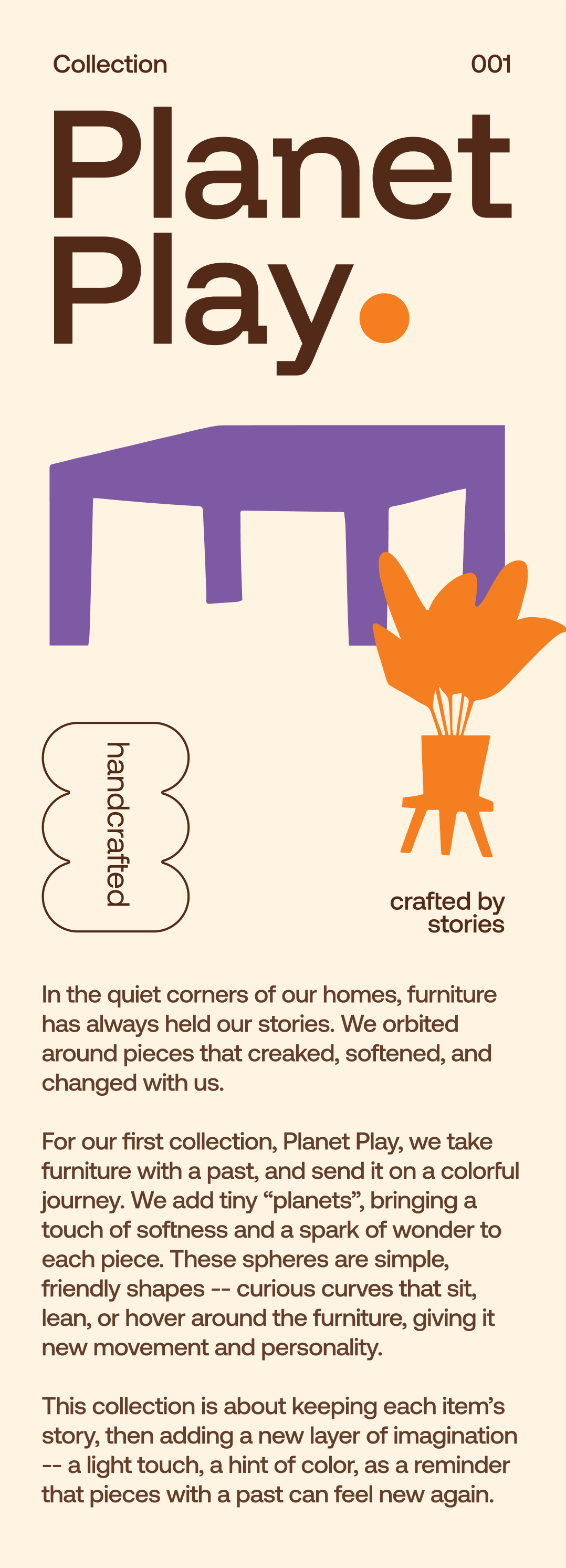 Cream leaflet for Planet Play, Drury’s first collection, with an illustrated table and potted plant.